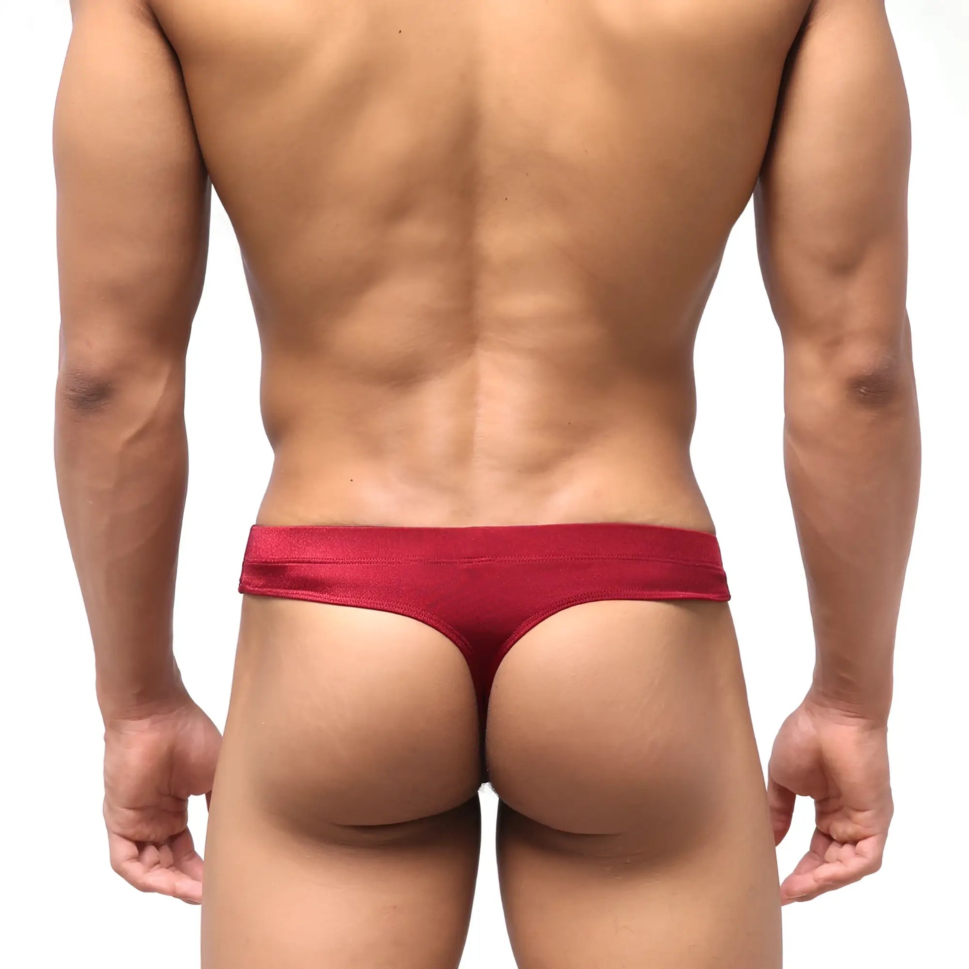 MetroMalewear classic swim thong wine red satin with smooth glossy finish shown from the back side