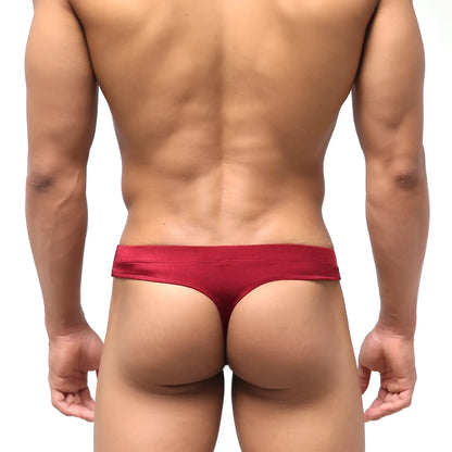 MetroMalewear classic swim thong wine red satin with smooth glossy finish shown from the back side