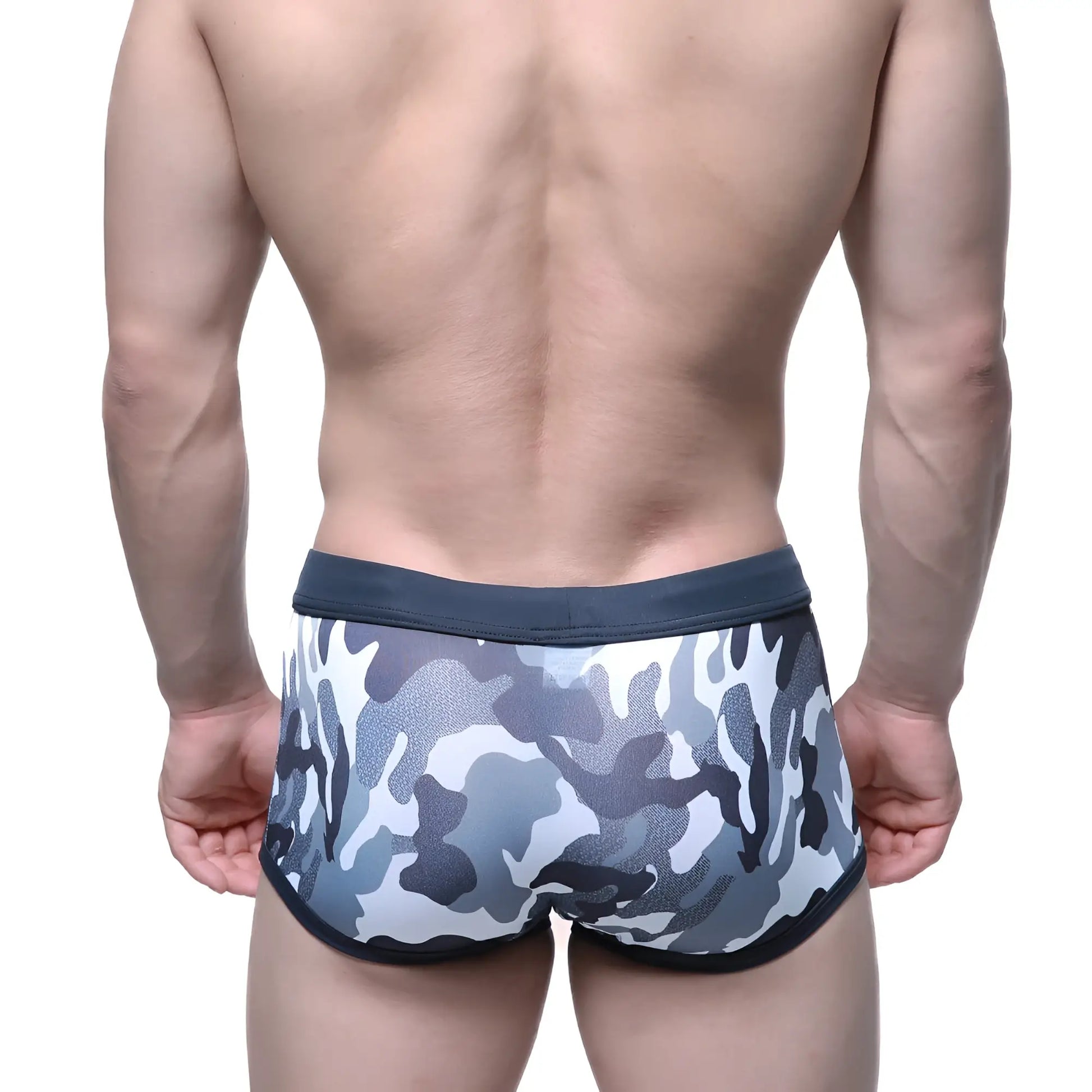 MetroMaleWear classic swim trunk briefs in gray and white camouflage with a solid dark gray waistband