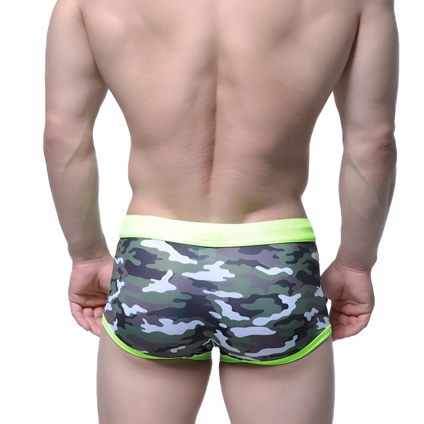 Men’s classic swim trunk camo green with neon green waistband and trim by metroMaleWear in camouflage pattern