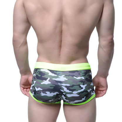 Men’s classic swim trunk camo green with neon green waistband and trim by metroMaleWear in camouflage pattern