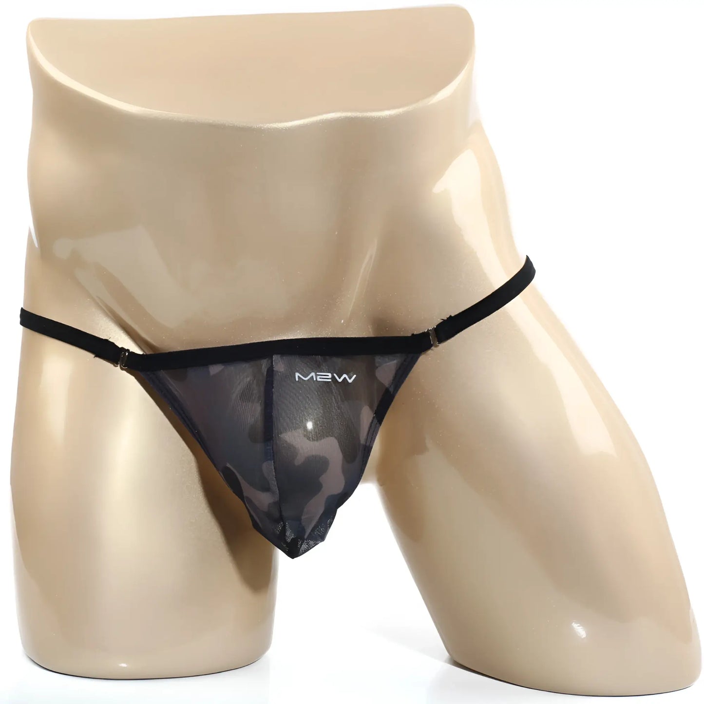 Black mesh thong with subtle camouflage pattern and thin elastic waistband featuring m2w logo by metromalewear cobra string camo 2214-61