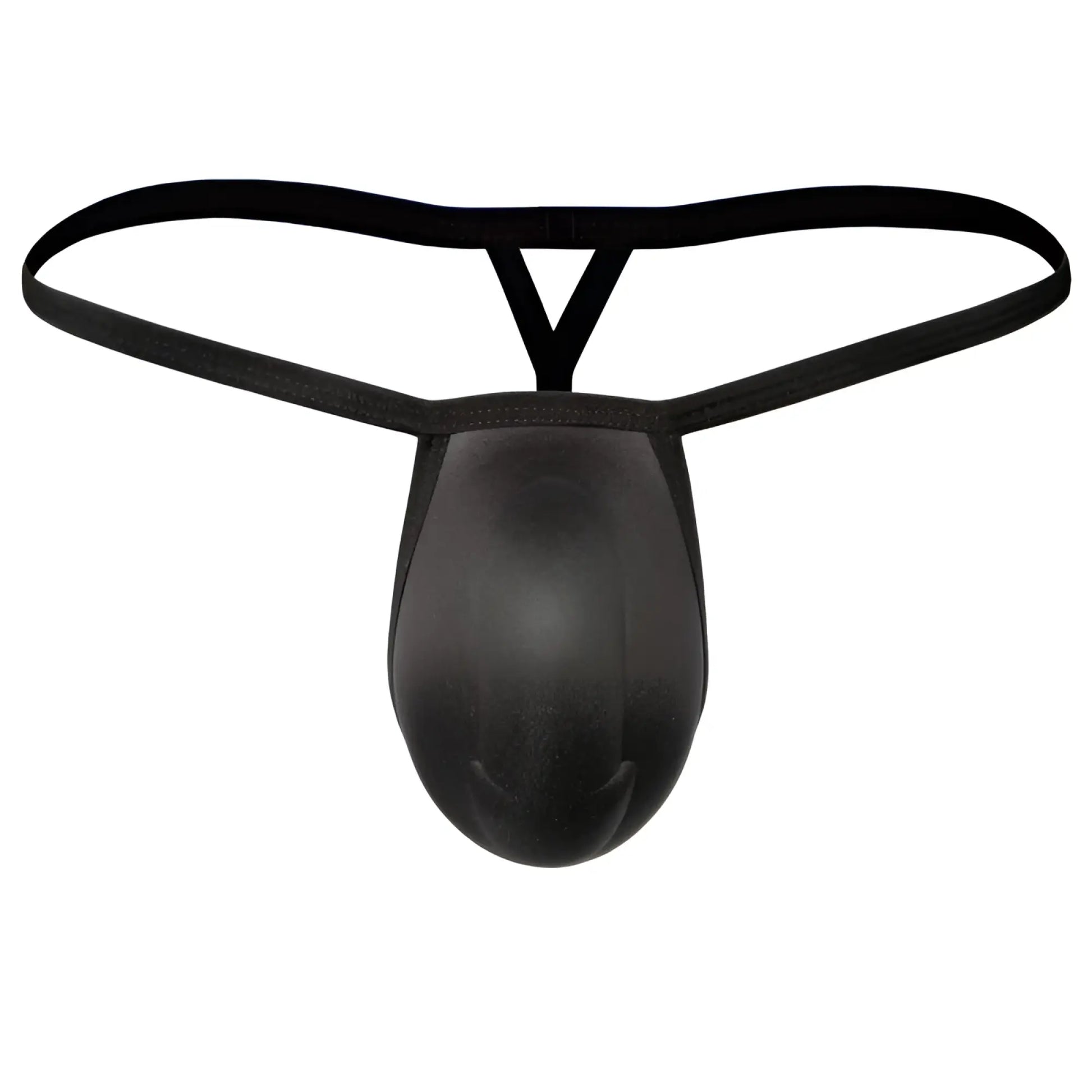 Black thong-style cock bra from MetroMaleWear with smooth textured fabric and thin elastic straps