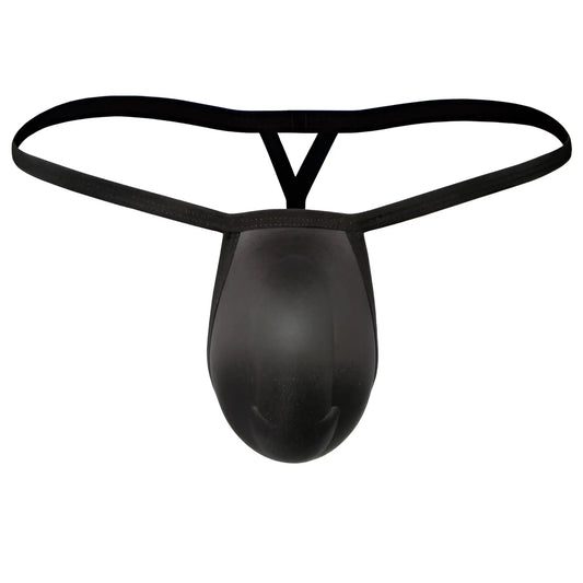 Black thong-style cock bra from MetroMaleWear with smooth textured fabric and thin elastic straps