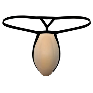 Metro male wear cock bra thong in black and beige with smooth form-fitting design and contrast nude accents
