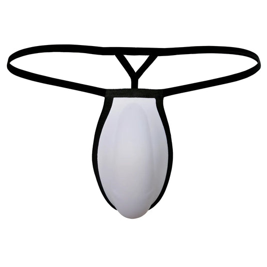 Black and white metro malewear cock bra thong with sleek minimalist design shown from the back side