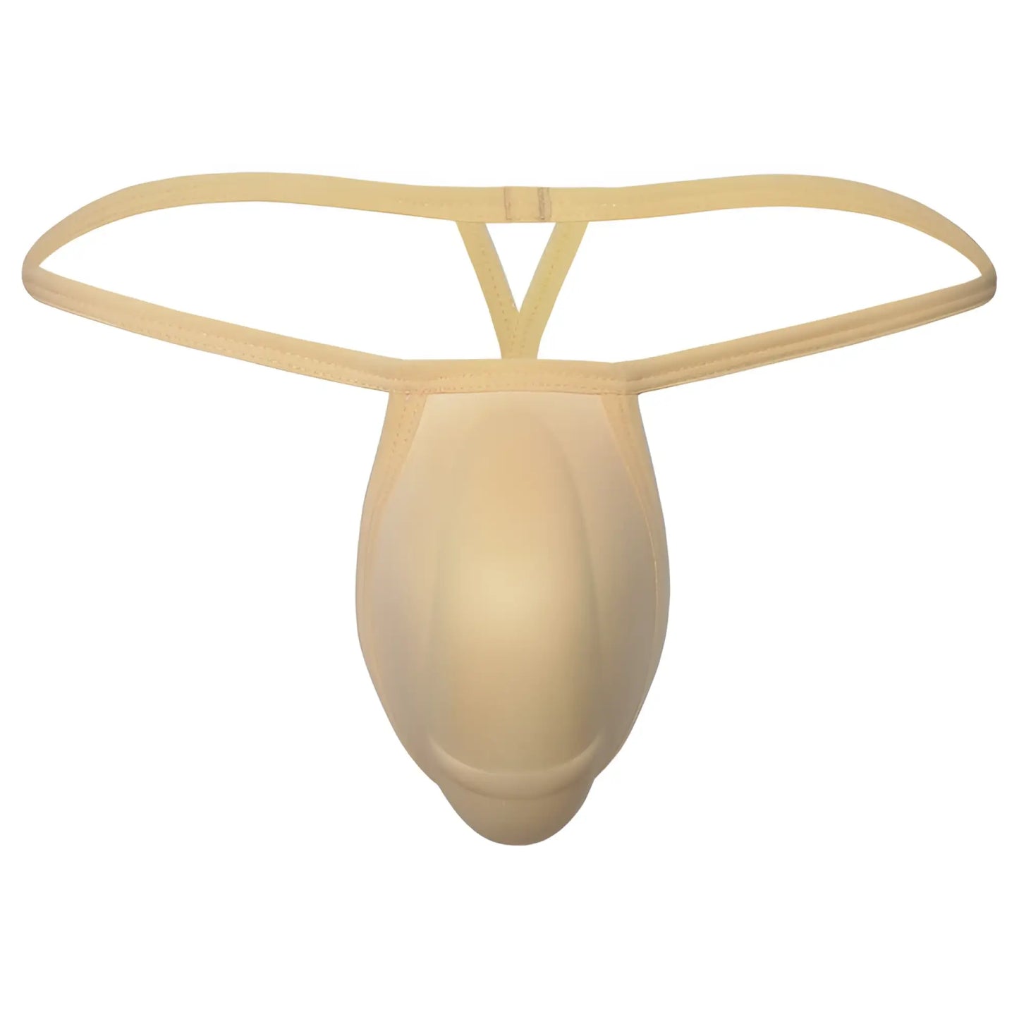 Beige metro malewear cock bra thong made of stretchy fabric with a supportive triangular strap design