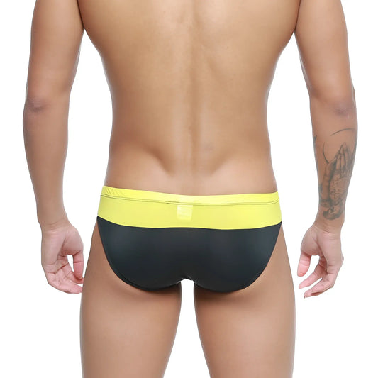 MetroMaleWear Colina bikini yellow 5144-15 black and yellow swim trunks with bright yellow waistband for men