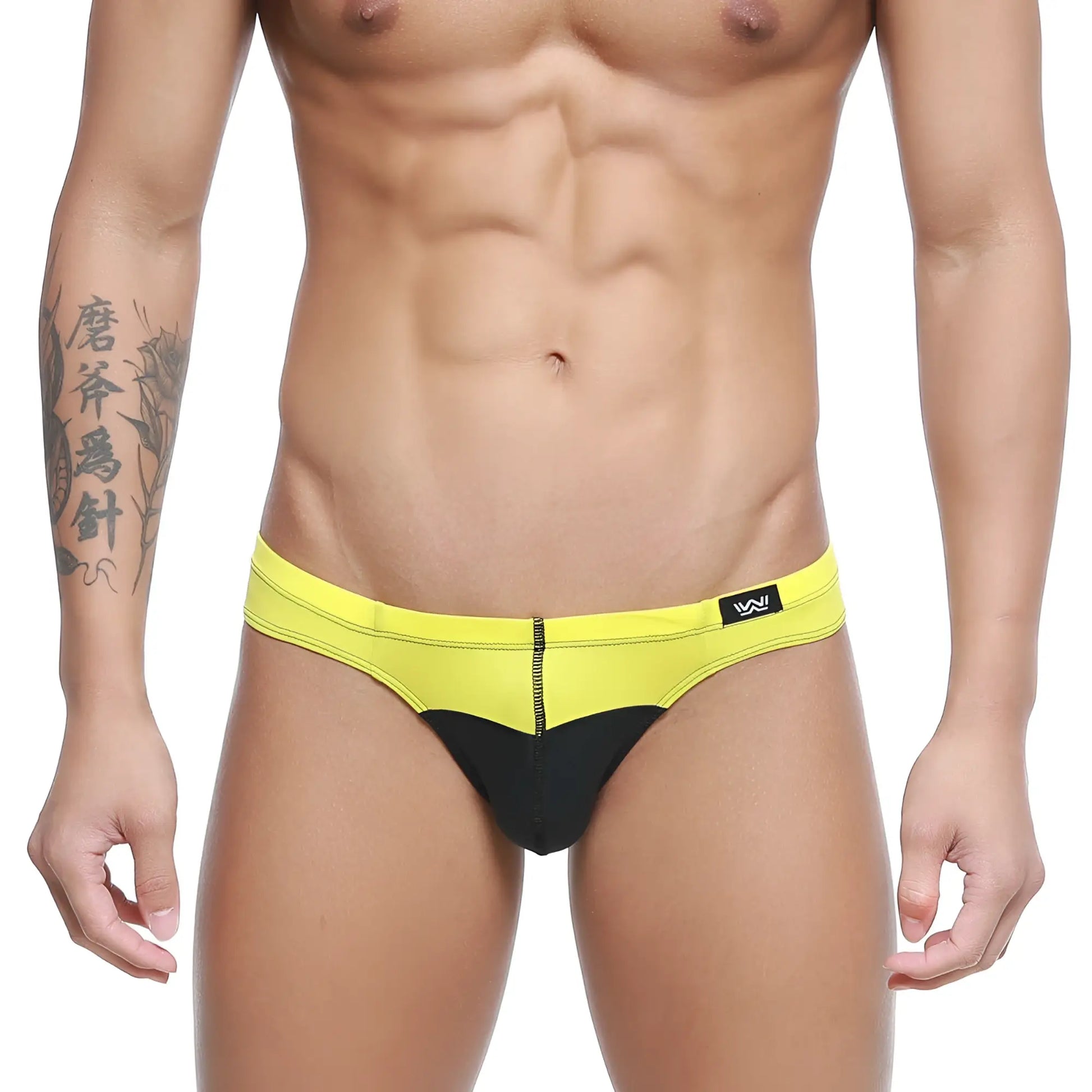 MetroMaleWear Colina bikini yellow swim trunks in bright yellow and black with front zipper detail for beachwear
