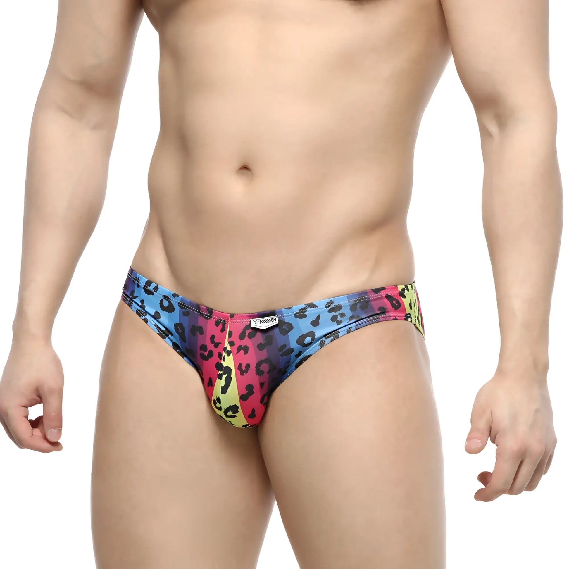MetroMaleWear Colorado jock strap neon 5011-05 vibrant rainbow leopard-print snug form-fitting swim trunks front view