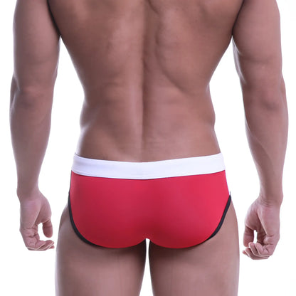 Red swim trunks with a white waistband and black trim from MetroMaleWear COLORS Swim Brief White 4976-00 collection