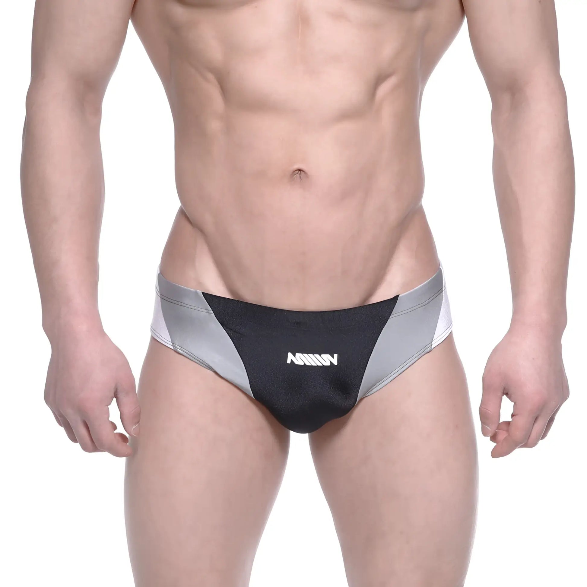 Black and silver MetroMaleWear Competidor bikini briefs with sleek design and white amin logo on front