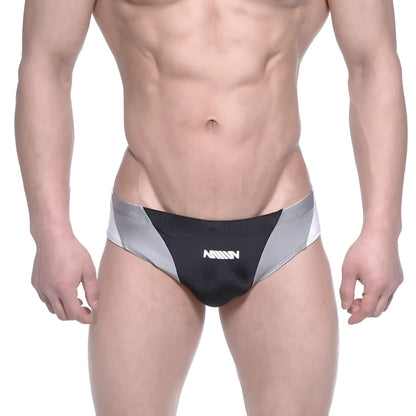 Black and silver MetroMaleWear Competidor bikini briefs with sleek design and white amin logo on front
