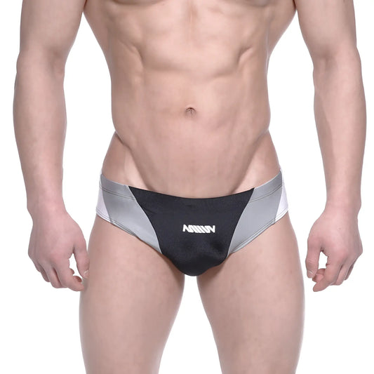 Black and silver MetroMaleWear Competidor bikini briefs with sleek design and white amin logo on front