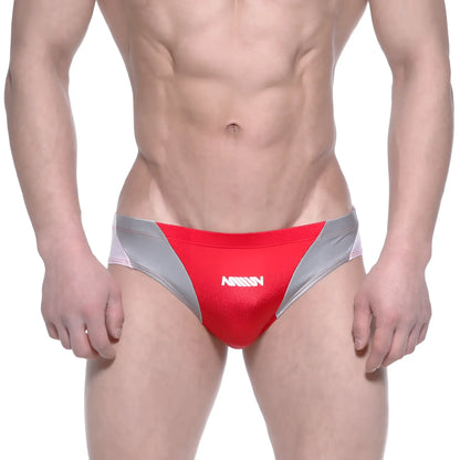 Red and silver metro malewear competidor bikini mens swim trunks with white logo on front for swimming and beachwear