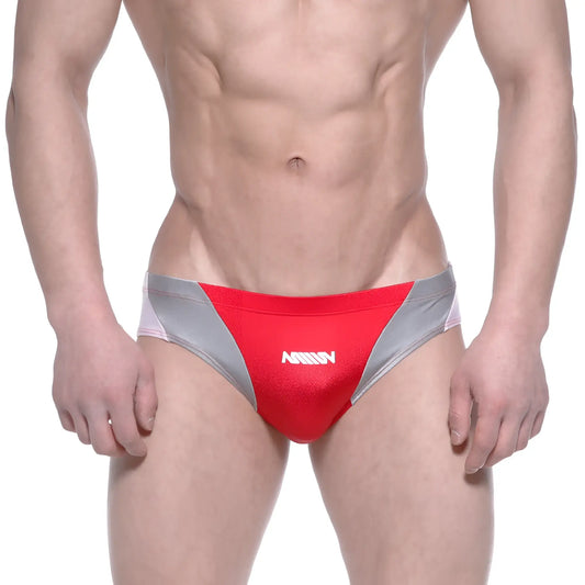 Red and silver metro malewear competidor bikini mens swim trunks with white logo on front for swimming and beachwear