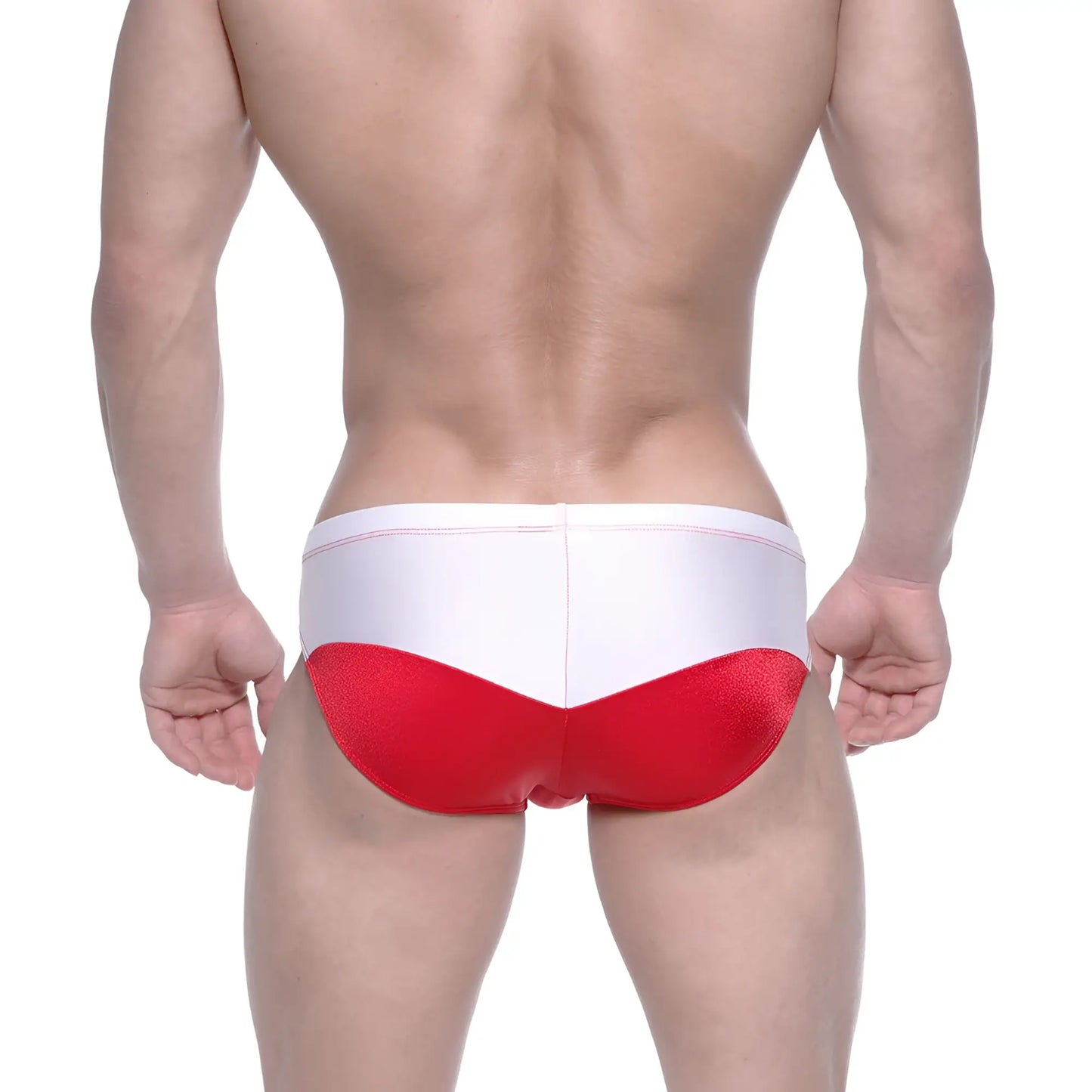 Red and white glossy finish swim trunks metroMalewear competidor bikini red 4965-12 for men’s swimwear