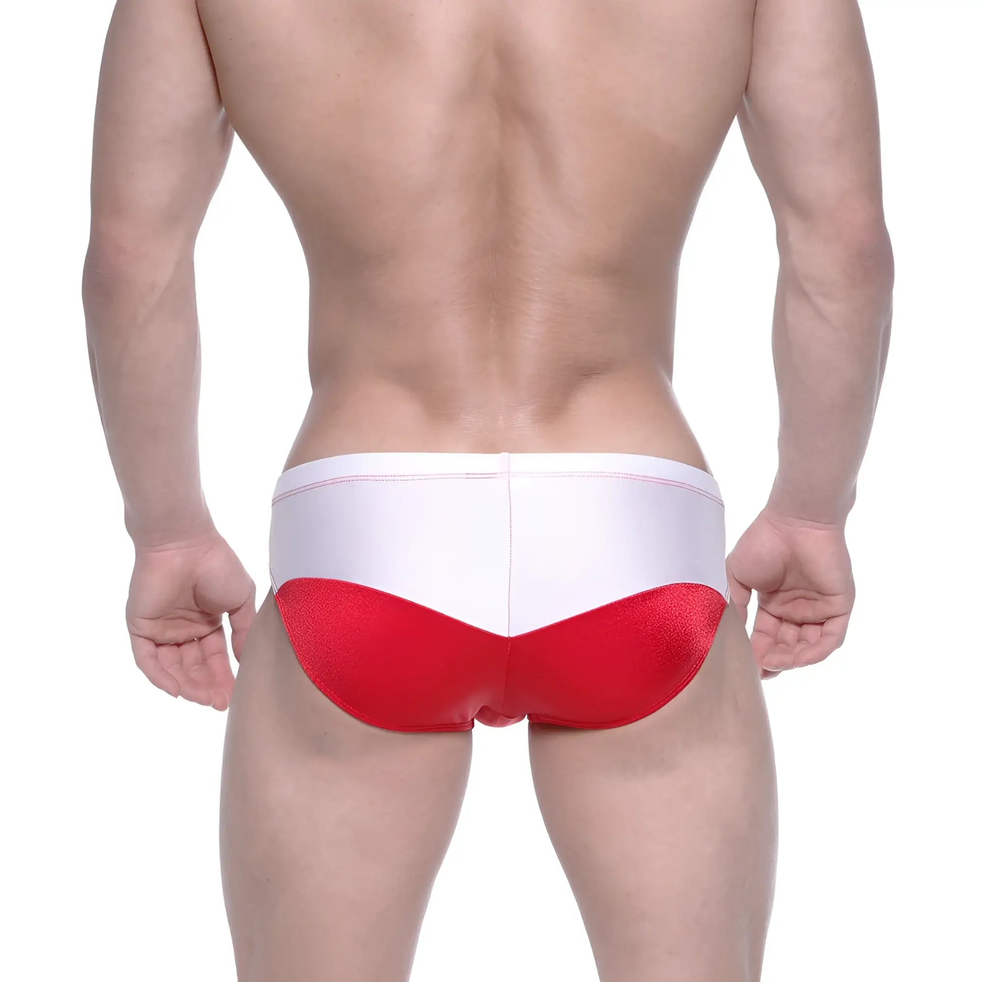 Red and white glossy finish swim trunks metroMalewear competidor bikini red 4965-12 for men’s swimwear