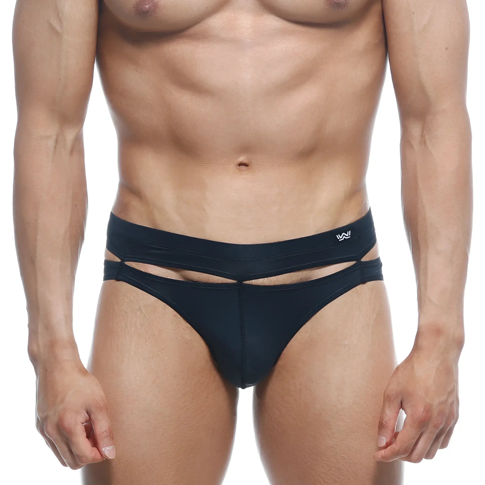 Black mens briefs metro-malewear concepcion brief black 5213-20 with modern horizontal cutouts and subtle white logo