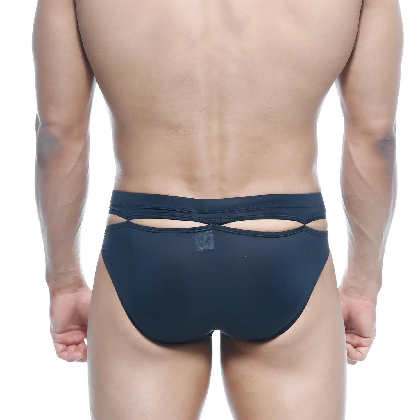 Navy blue mesh briefs with back cutout design from metroMalewear concepcion brief black 5213-20 shown from back side