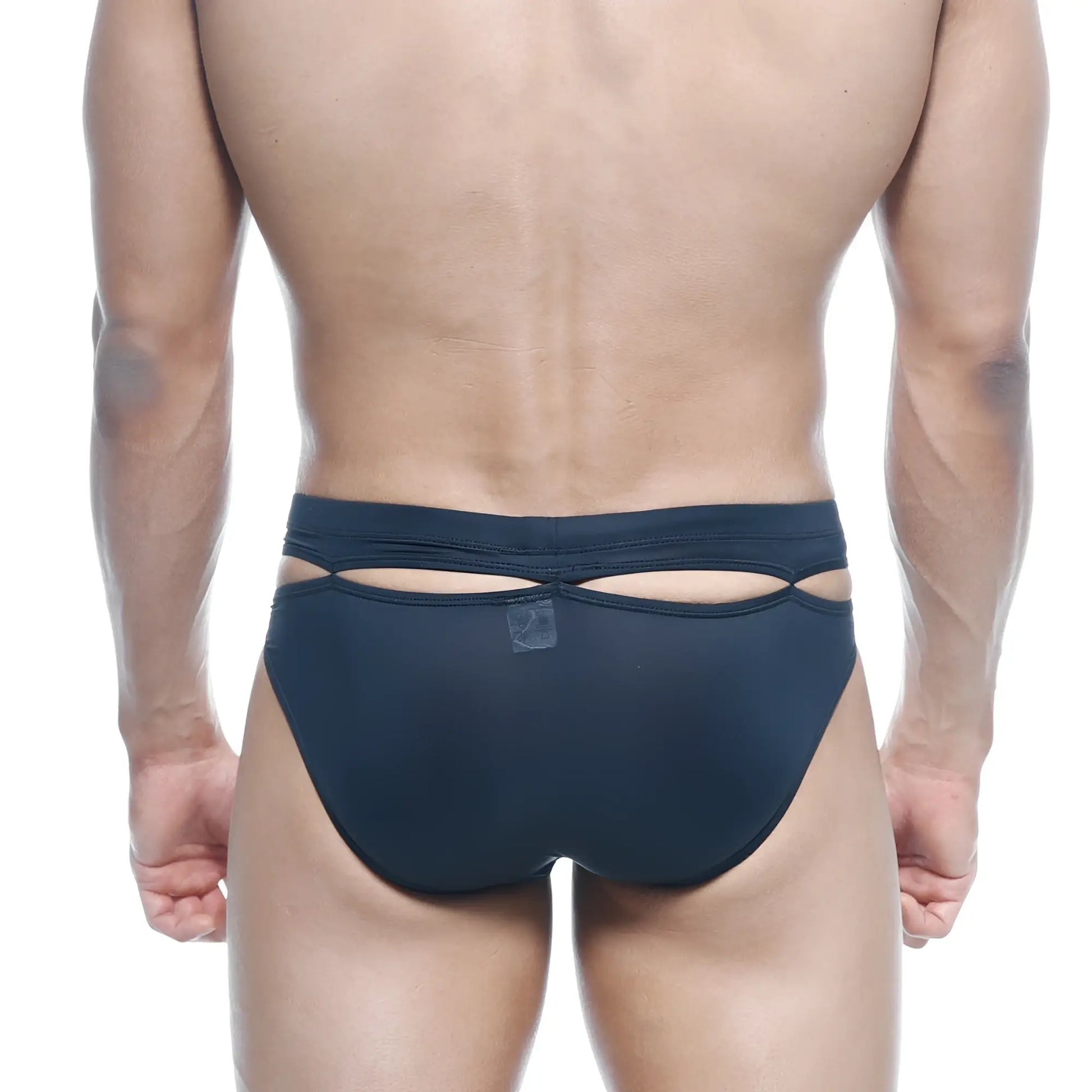 Navy blue mesh briefs with back cutout design from metroMalewear concepcion brief black 5213-20 shown from back side