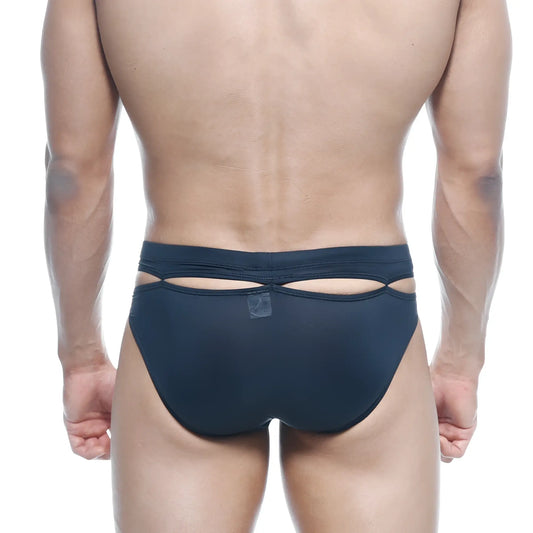 Navy blue mesh briefs with back cutout design from metroMalewear concepcion brief black 5213-20 shown from back side