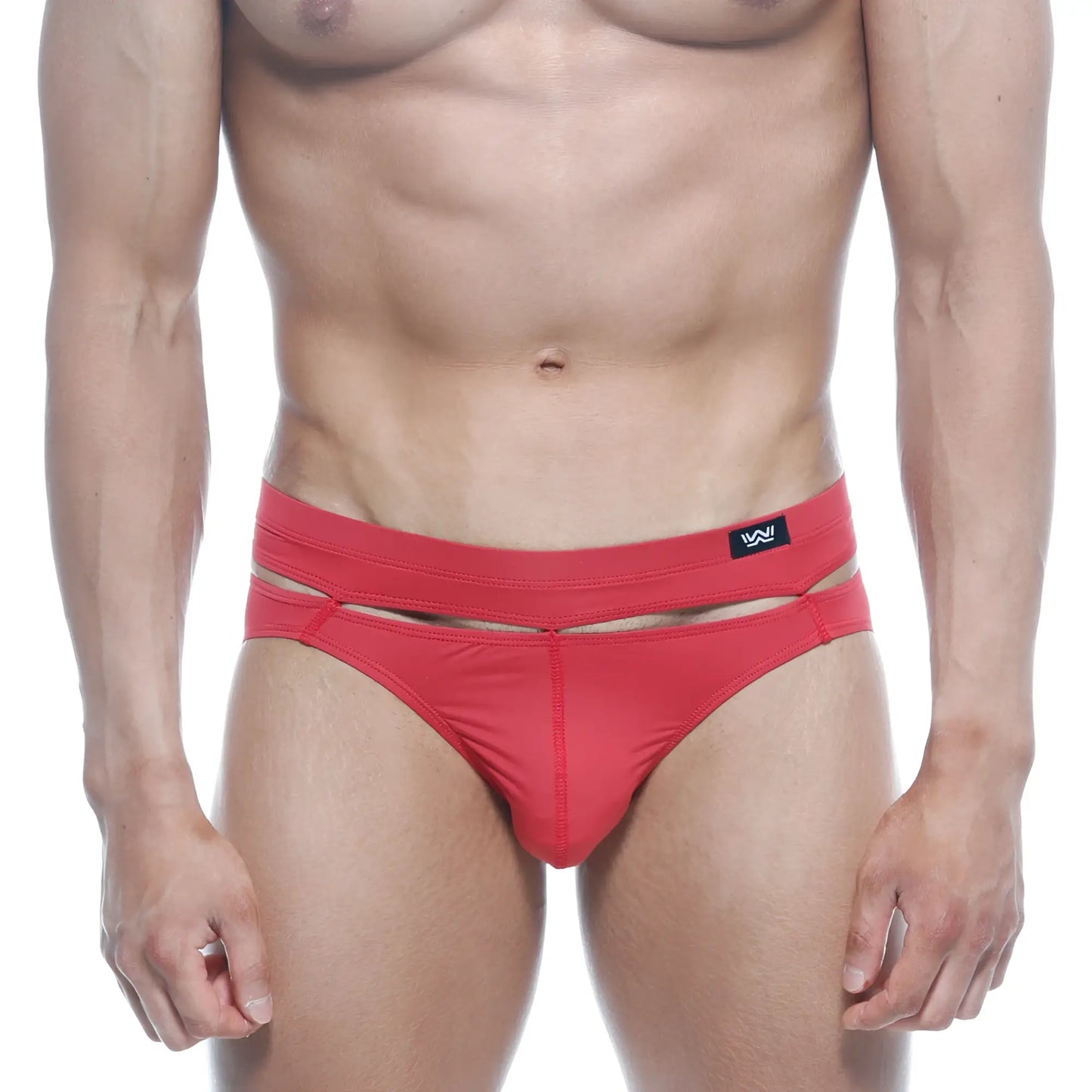 Red athletic briefs with bold modern cut and black metro malewear logo waistband for active use
