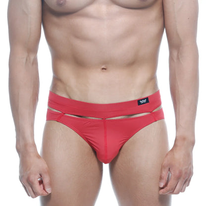Red athletic briefs with bold modern cut and black metro malewear logo waistband for active use