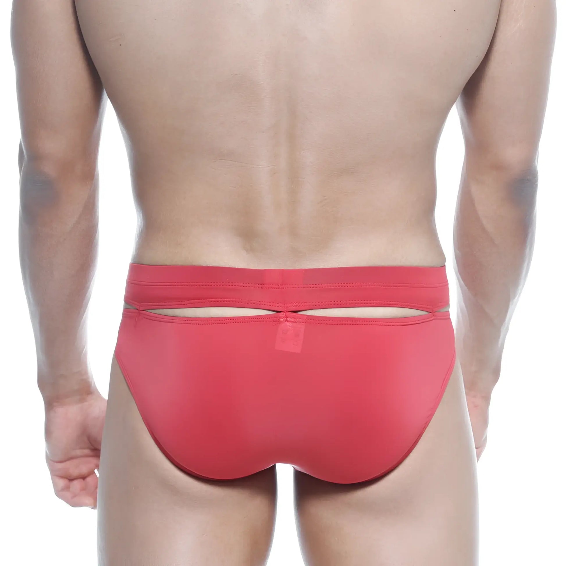 MetroMalewear concepcion brief red 5213-12 showing the back side with a sleek, form-fitting design and cutout detail