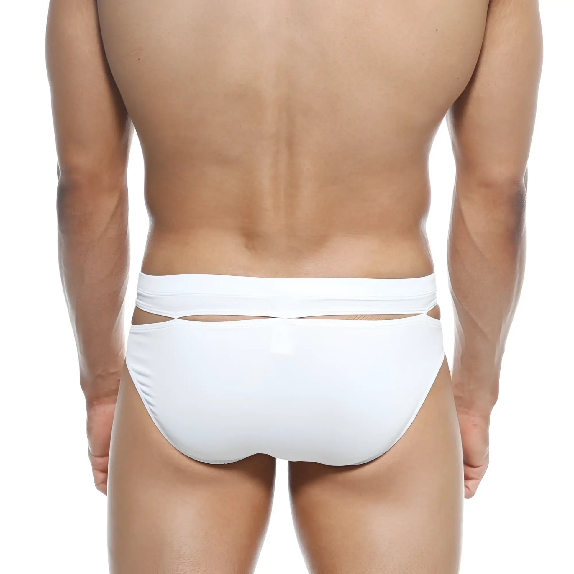 MetroMaleWear Concepcion brief white swim trunks with sleek minimalist design and cut-out waistband detailing