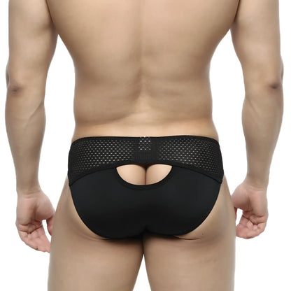 Back side of metromalewear contento bikini black briefs with black mesh and solid fabric and central cutout
