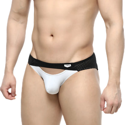White mesh-trimmed briefs with black elastic waistband from MetroMaleWear Contento Bikini Contrast 1205-01