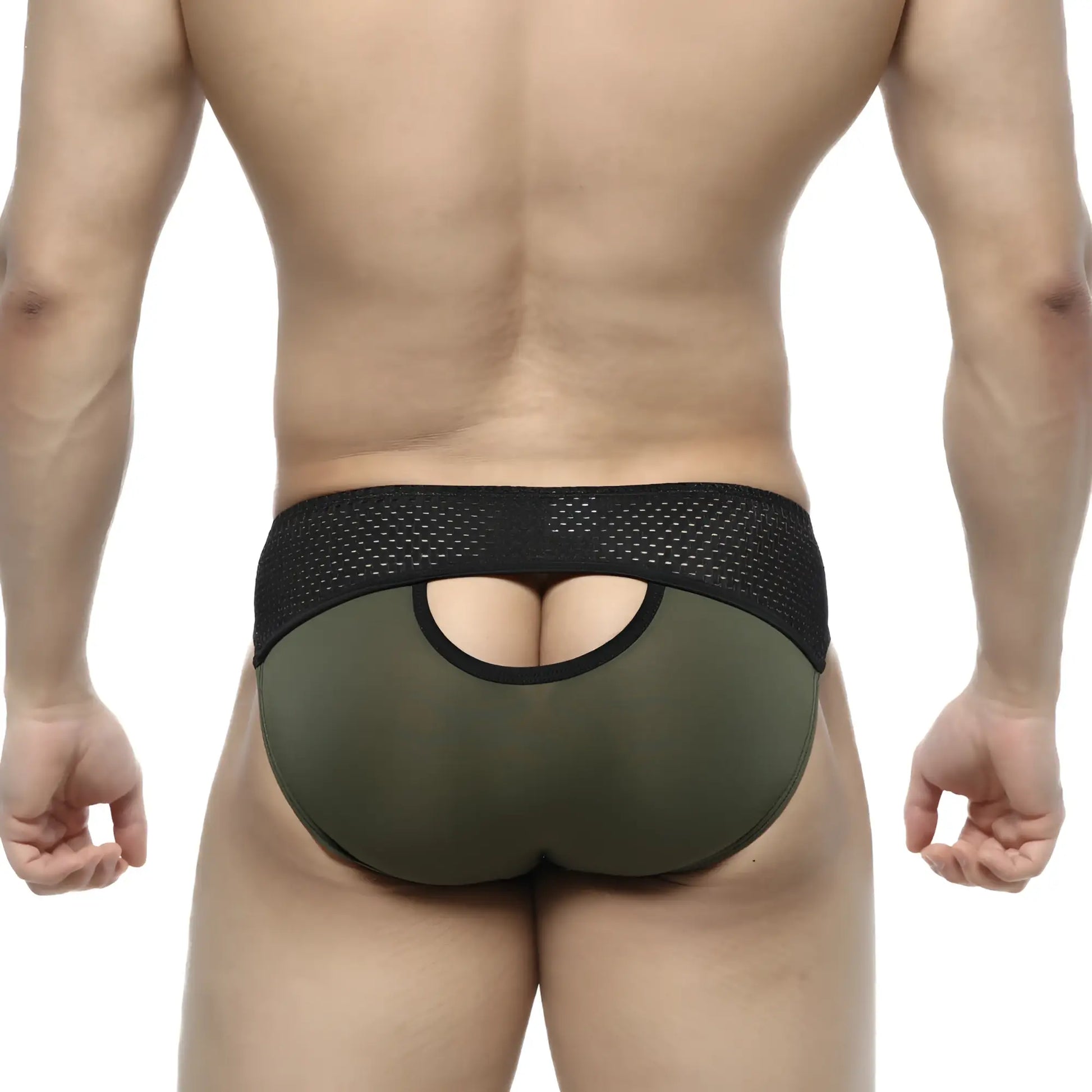 Olive green mesh-backed briefs with black elastic waistband and cutout detail by metromalewear contento bikini khaki 1205-26