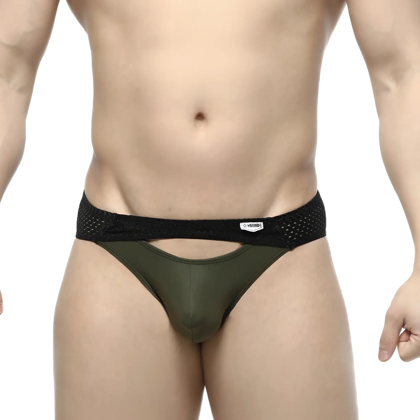 Olive green mesh-trimmed briefs with black elastic waistband and white brand tag metro male wear contento bikini khaki