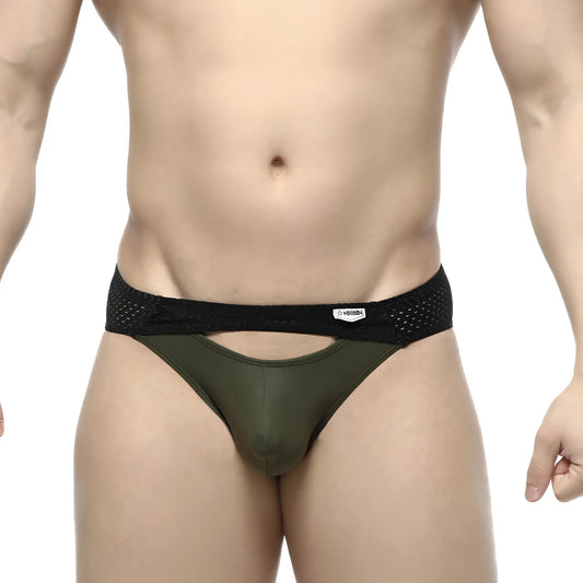 Olive green mesh-trimmed briefs with black elastic waistband and white brand tag metro male wear contento bikini khaki
