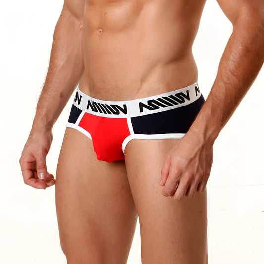 Red and black MetroMaleWear contrast brief with white waistband and bold black lettering for athletic use