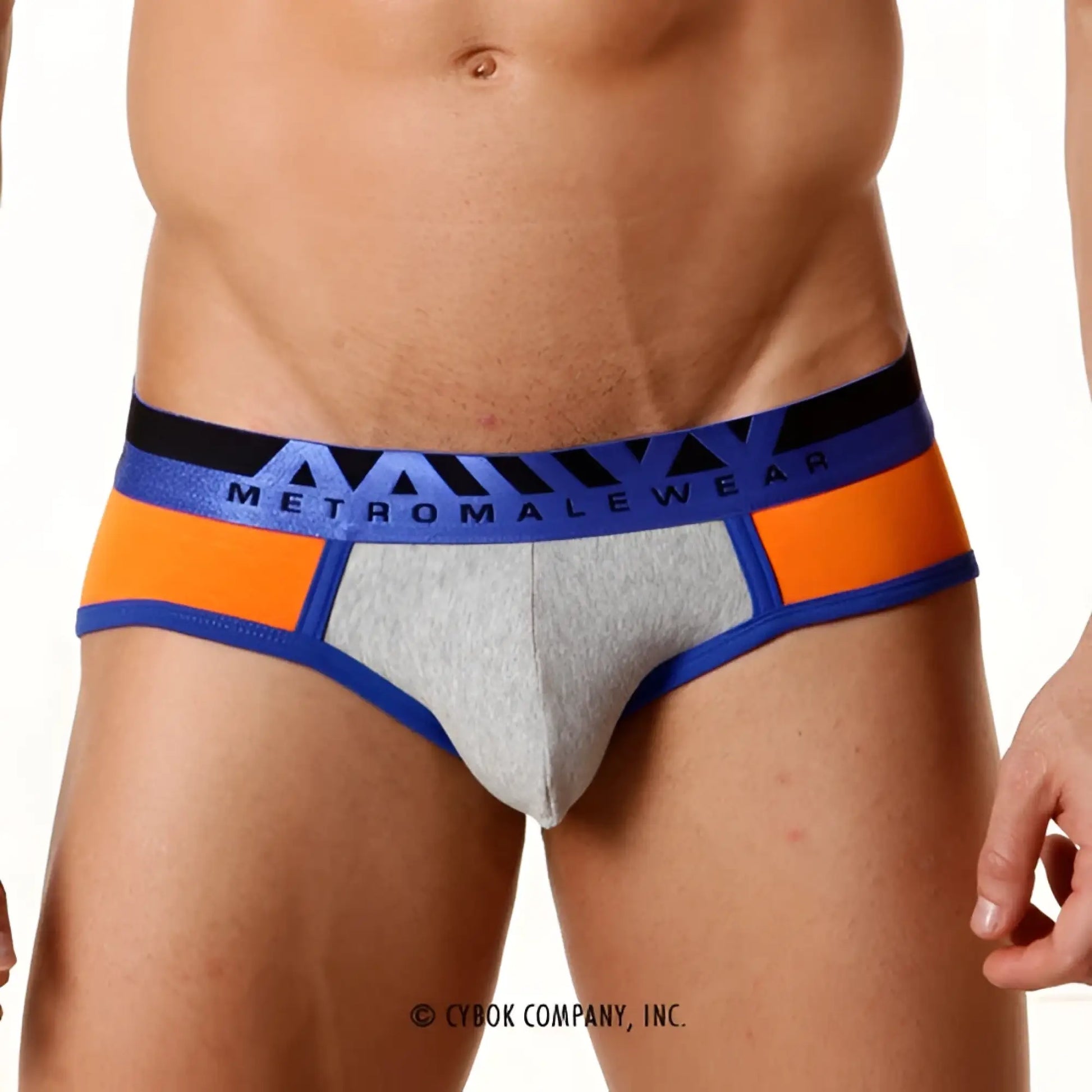 Gray and orange athletic briefs with blue trim featuring a bold metromalewear logo on the waistband for active wear