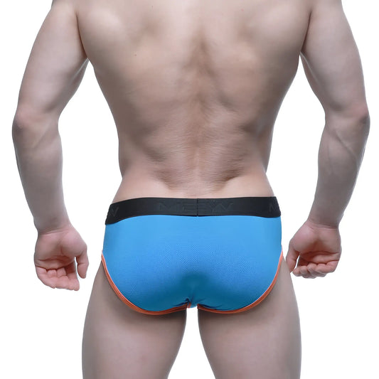 Blue metro male wear cool mesh athletic briefs with black waistband and orange trim in turquoise 9005-08 design