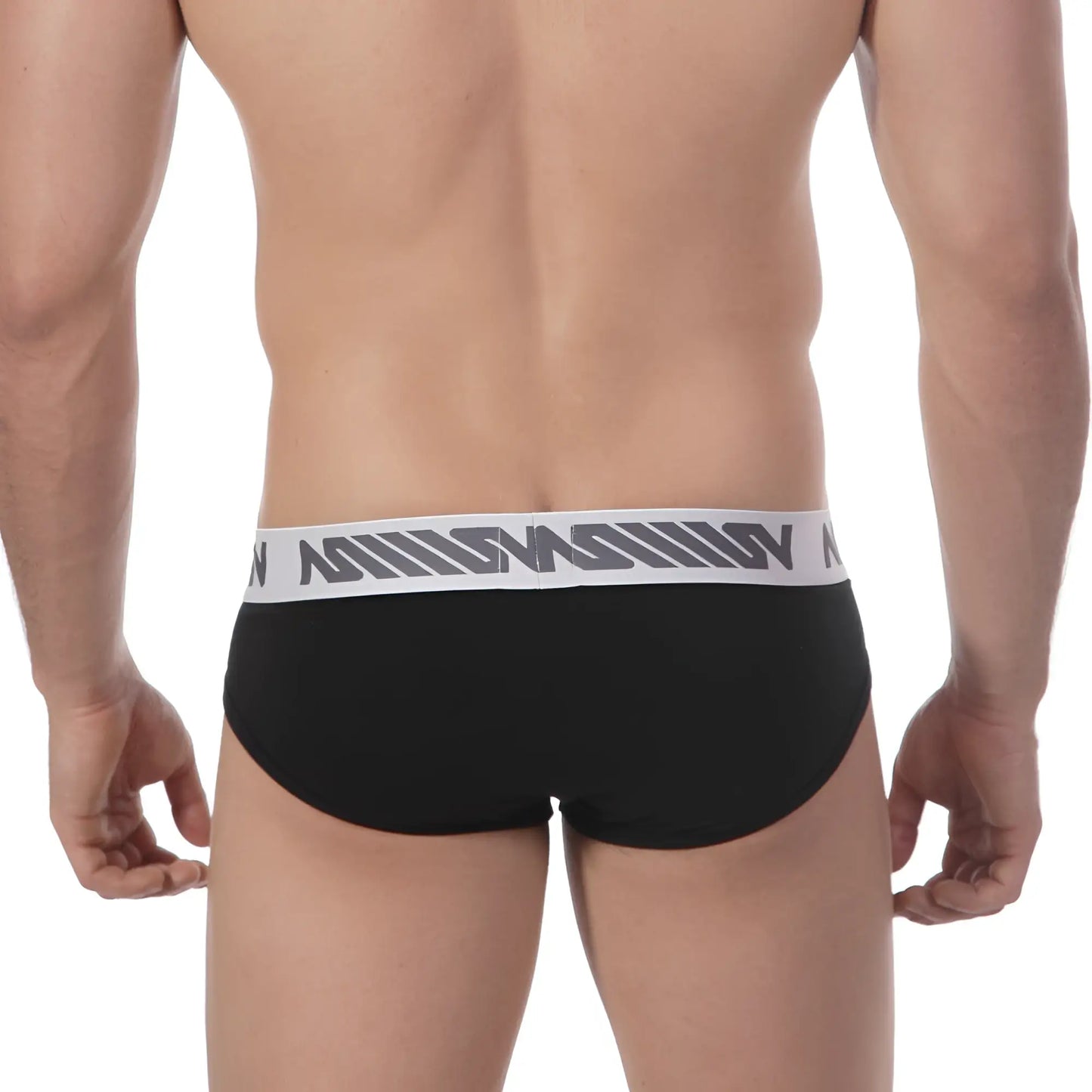 MetroMaleWear core hip brief black with white elastic waistband and gray geometric logo pattern for comfortable wear