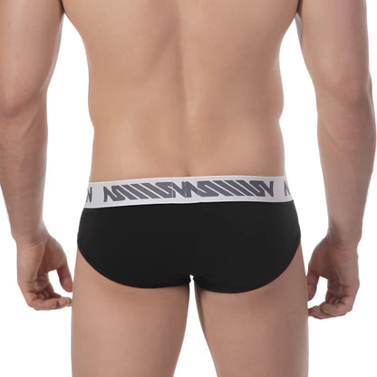 MetroMaleWear core hip brief black with white elastic waistband and gray geometric logo pattern for comfortable wear