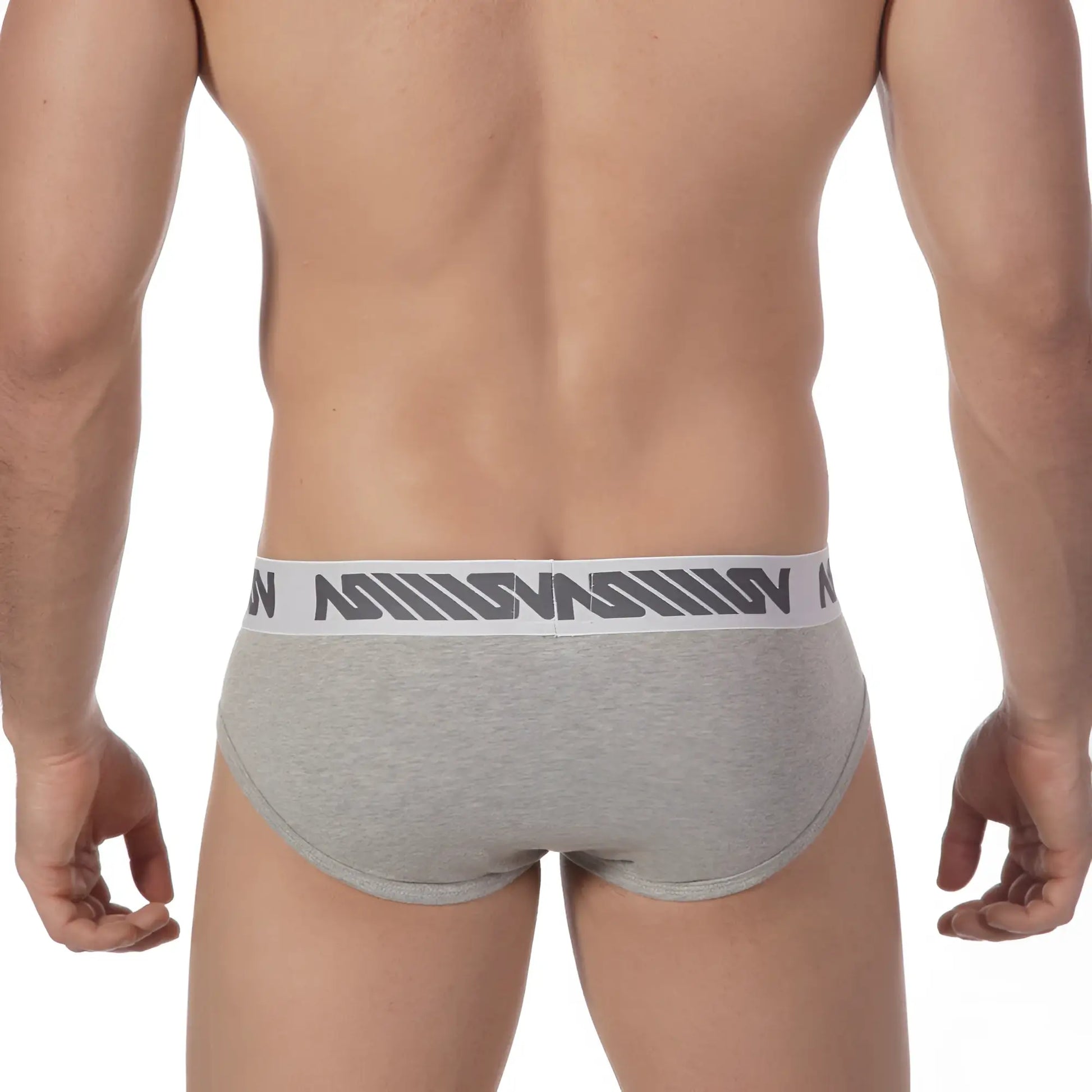 MetroMaleWear Core hip brief grey heathered with white elastic waistband featuring dark gray logo pattern