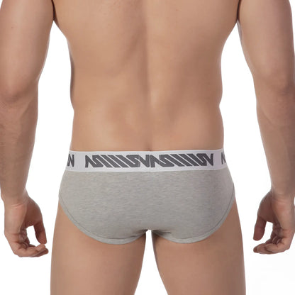 MetroMaleWear Core hip brief grey heathered with white elastic waistband featuring dark gray logo pattern