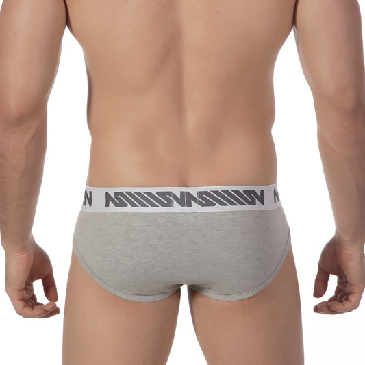 MetroMaleWear Core hip brief grey heathered with white elastic waistband featuring dark gray logo pattern