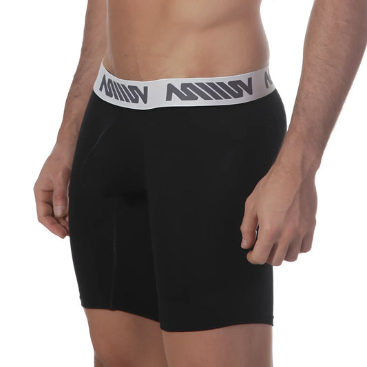 Metro male wear core midcut boxer black 8023-20 black boxer briefs with white elastic waistband and gray logo pattern
