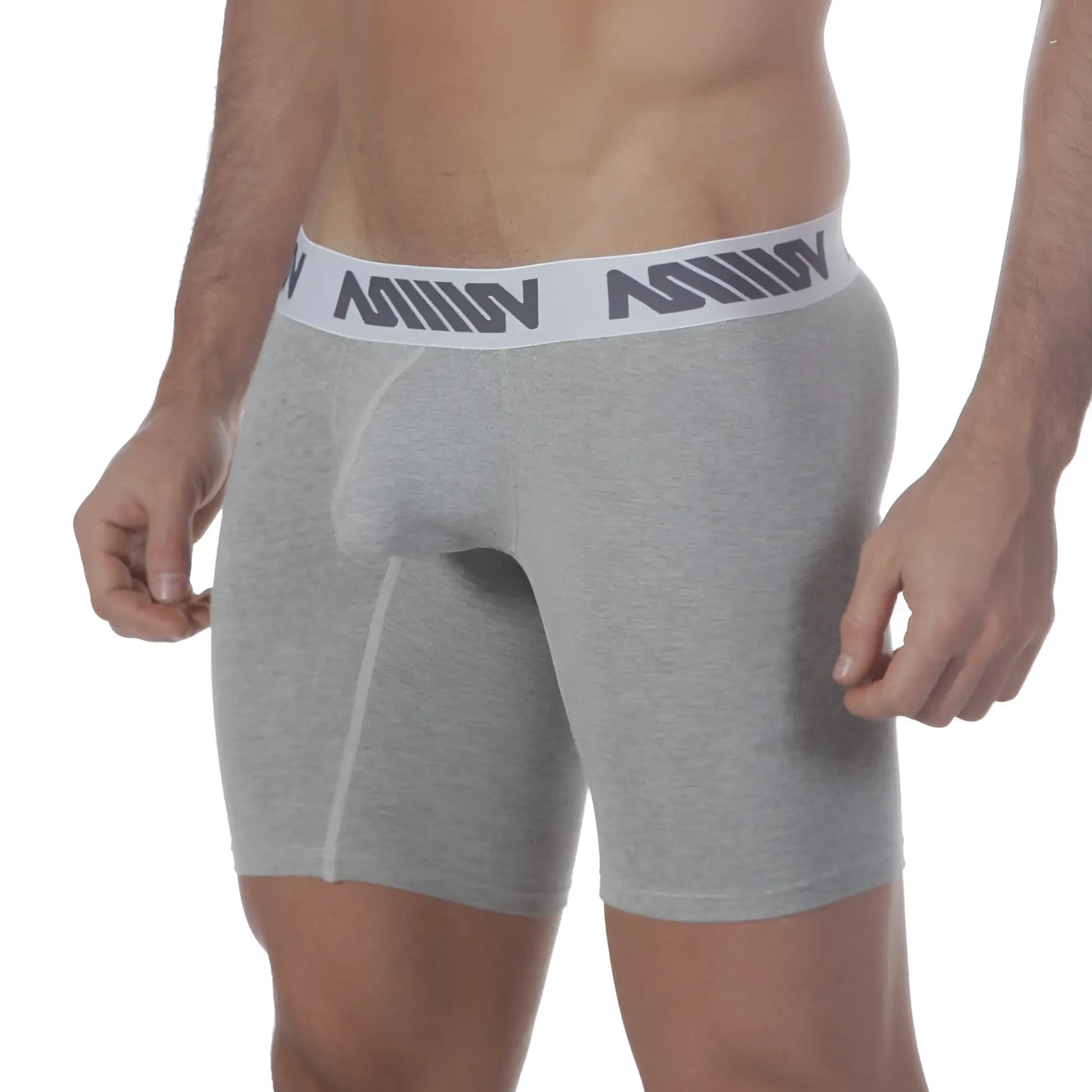 Gray heathered metro male wear core midcut boxer briefs with white waistband and repeating dark gray logo