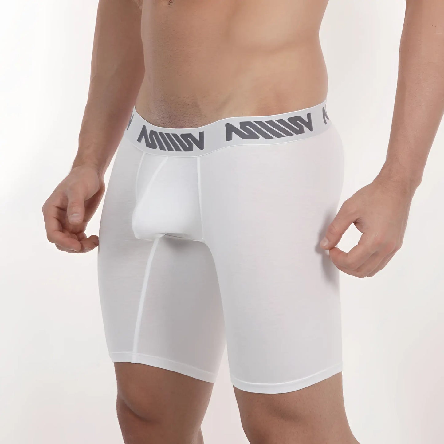 White men’s metro malewear core midcut boxer briefs with gray waistband featuring repeating million logo