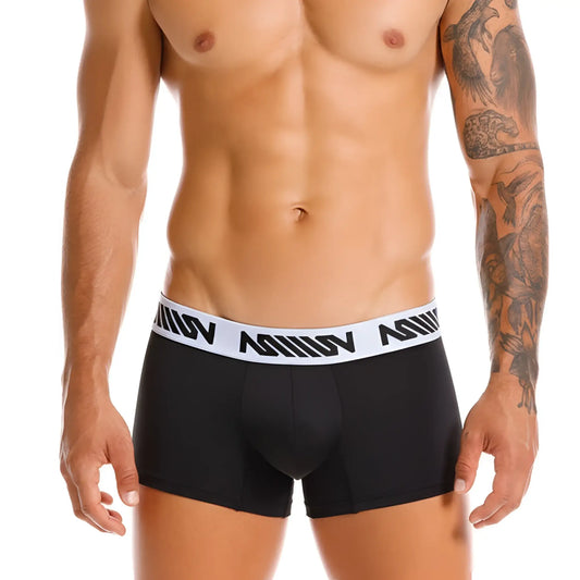 Metro male wear core short boxer black 7 inch black men’s boxer briefs with white waistband and bold geometric logo pattern