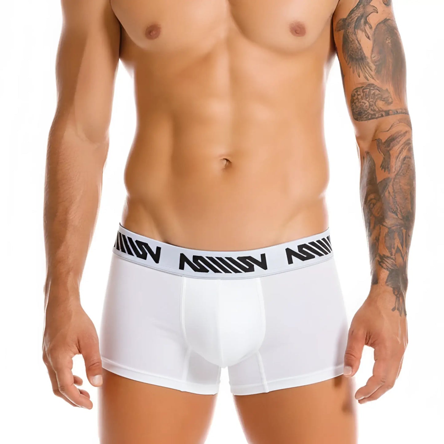 White men’s boxer briefs with black and white patterned elastic waistband featuring metroMalewear logo