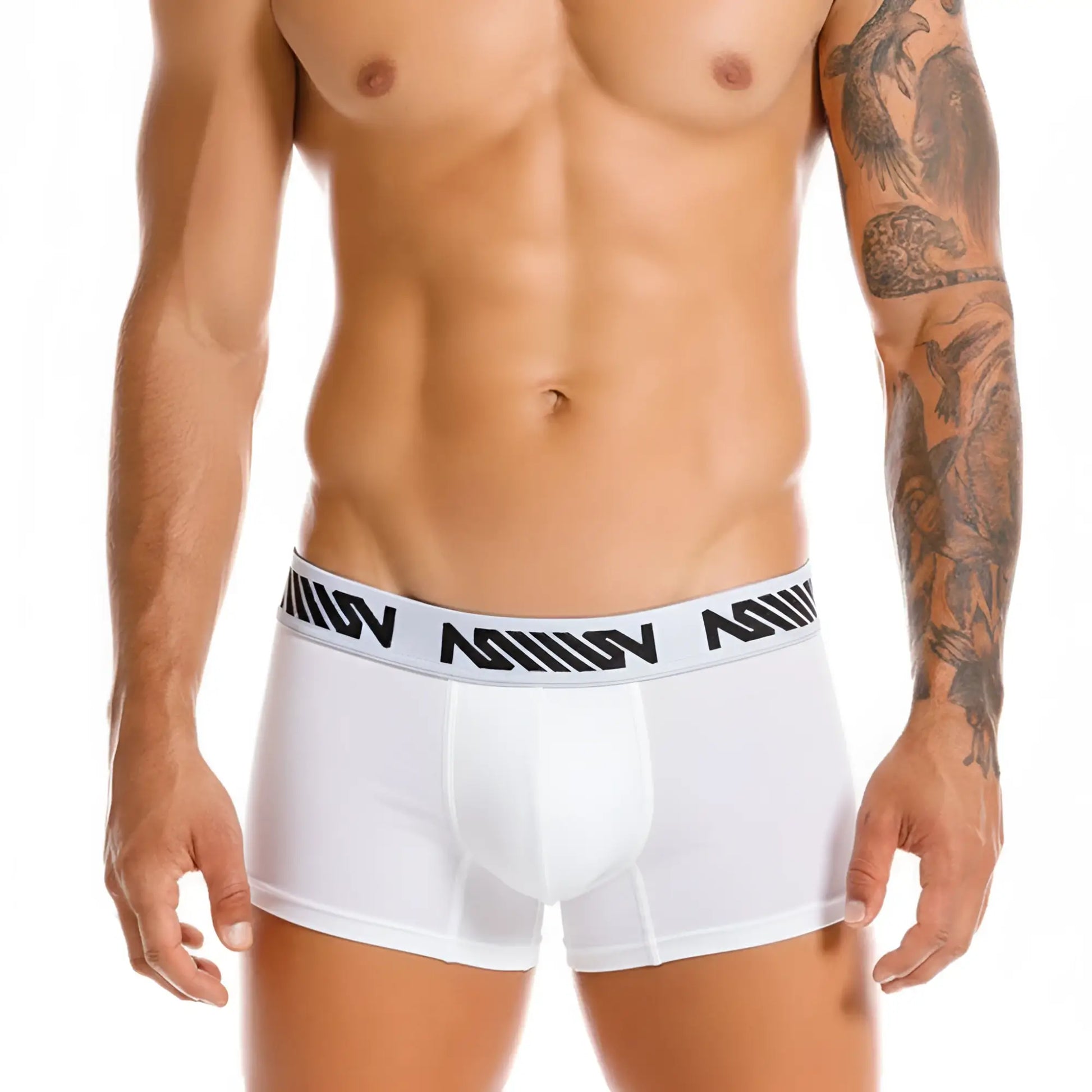 White men’s boxer briefs with black and white patterned elastic waistband featuring metroMalewear logo