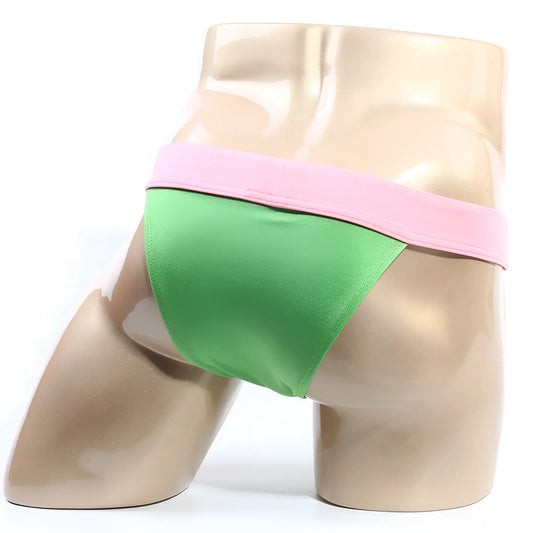 Metro male wear cosmos bikini green satin briefs with pink waistband designed for comfortable daily wear